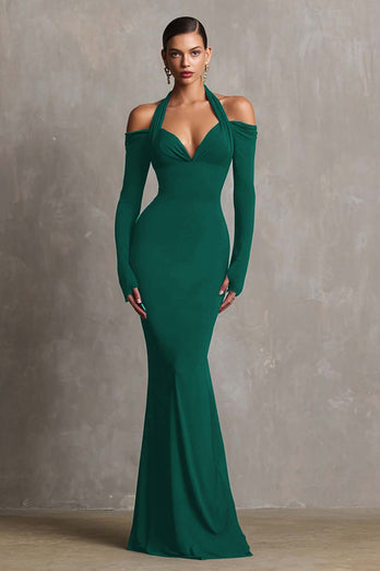 Burgundy Halter Mermaid Long Sleeves Formal Dress