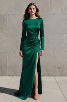 Load image into Gallery viewer, Olive Boat Neck Mermaid Long Sleeves Satin Evening Dress with Slit