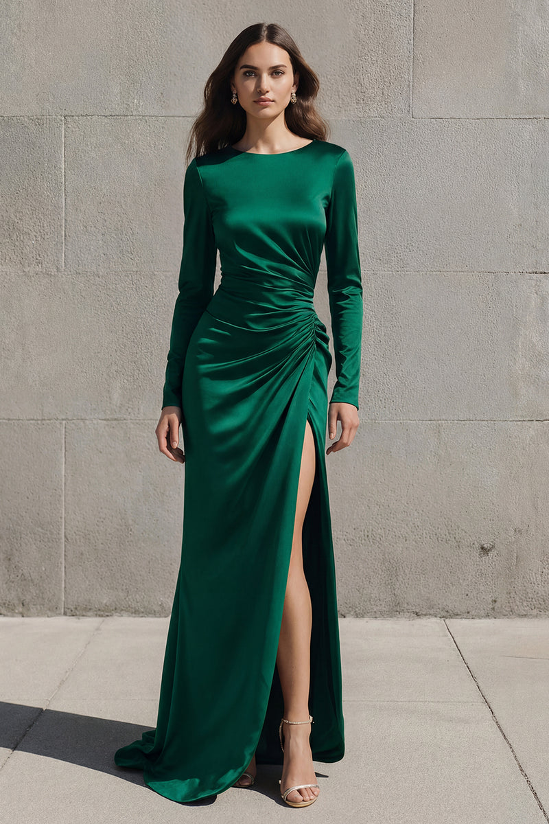 Load image into Gallery viewer, Olive Boat Neck Mermaid Long Sleeves Satin Evening Dress with Slit