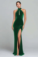 Load image into Gallery viewer, Burgundy Velvet Halter Keyhole Mermaid Maxi Holiday Party Dress with Slit