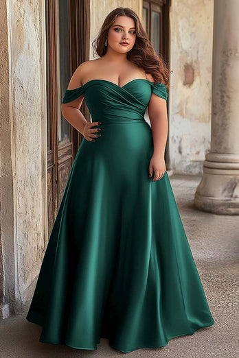 A Line Dark Green Ruched Satin Long Prom Dress