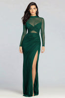 Load image into Gallery viewer, Illusion High Neck Sheath Long Sleeves Black Tie Dress with Slit