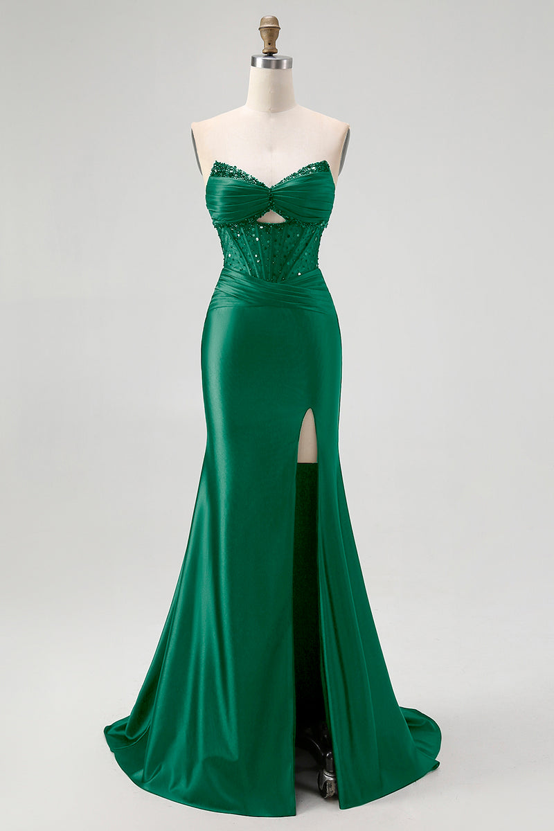 Load image into Gallery viewer, Sparkly Black Mermaid Sweetheart Satin Long Corset Prom Dress with Beading