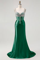 Load image into Gallery viewer, Sparkly Blush Mermaid Spaghetti Straps Satin Long Corset Prom Dress with Beading
