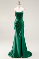 Load image into Gallery viewer, Sparkly Blush Strapless Mermaid Ruched Long Prom Dress with Slit