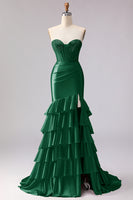 Load image into Gallery viewer, Red Satin Ruffled Mermaid Long Corset Prom Dress with Slit