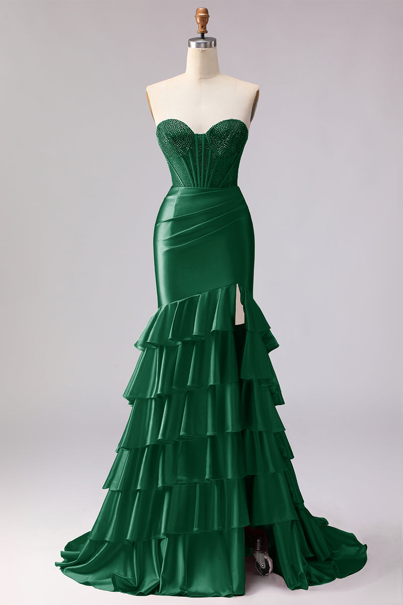 Load image into Gallery viewer, Red Satin Ruffled Mermaid Long Corset Prom Dress with Slit