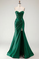 Load image into Gallery viewer, Burgundy Mermaid Satin Long Corset Prom Dress with Slit