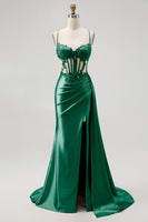 Load image into Gallery viewer, Sparkly Champagne Mermaid Satin Spaghetti Straps Long Prom Dress with Beading