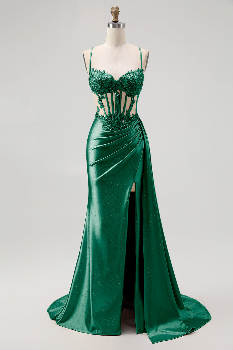 Load image into Gallery viewer, Sparkly Champagne Mermaid Satin Spaghetti Straps Long Prom Dress with Beading
