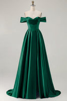 Load image into Gallery viewer, Blue A Line Off the Shoulder Satin Long Prom Dress with Slit