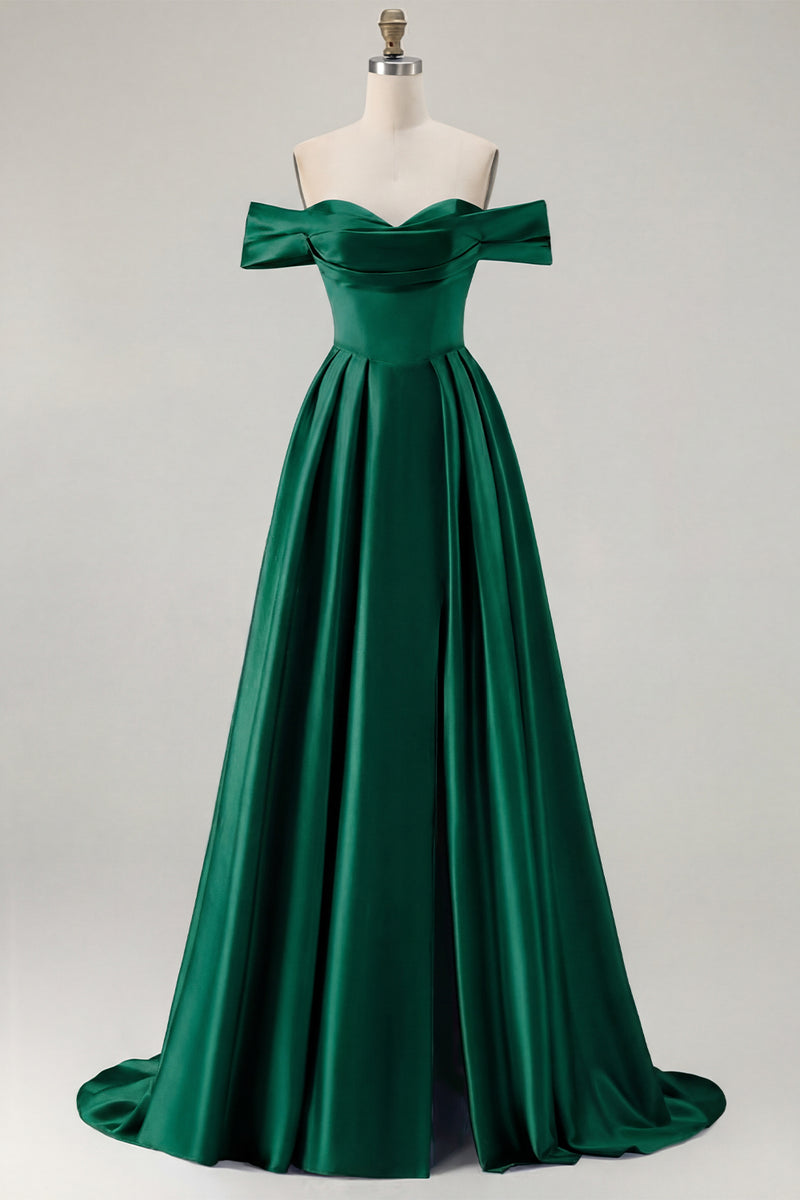 Load image into Gallery viewer, Blue A Line Off the Shoulder Satin Long Prom Dress with Slit