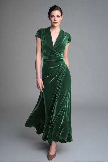Plum Ruched V Neck Velvet Long Holiday Party Dress with Sleeves
