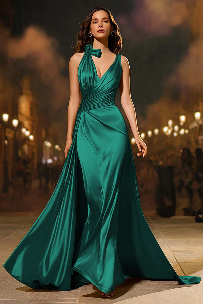 Load image into Gallery viewer, Gold Mermaid V-Neck Satin Long Formal Dress with Cape
