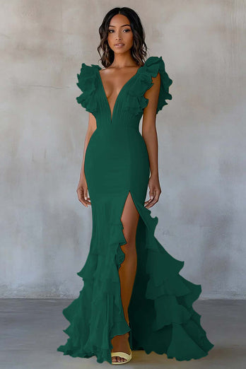 Yellow Chiffon Mermaid Ruffled Long Formal Dress with Slit