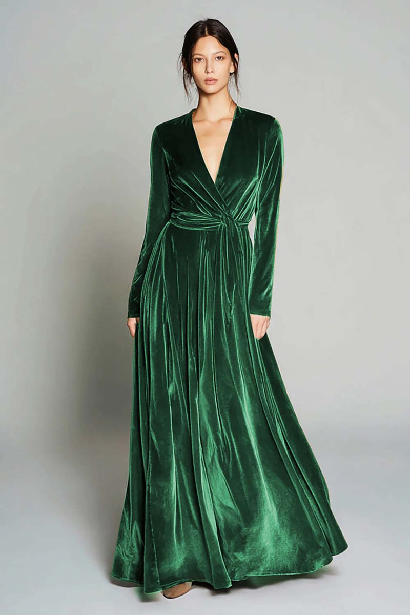 Load image into Gallery viewer, Brown Pleated Velvet A Line Long Sleeves Holiday Party Dress