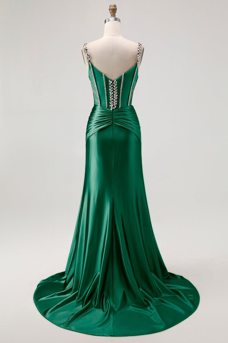 Load image into Gallery viewer, Sparkly Blush Mermaid Spaghetti Straps Satin Long Corset Prom Dress with Beading