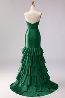 Load image into Gallery viewer, Red Satin Ruffled Mermaid Long Corset Prom Dress with Slit