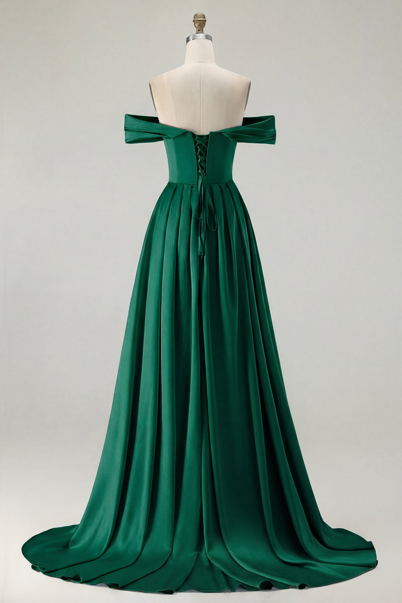 Load image into Gallery viewer, Blue A Line Off the Shoulder Satin Long Prom Dress with Slit