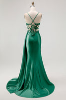 Load image into Gallery viewer, Sparkly Champagne Mermaid Satin Spaghetti Straps Long Prom Dress with Beading