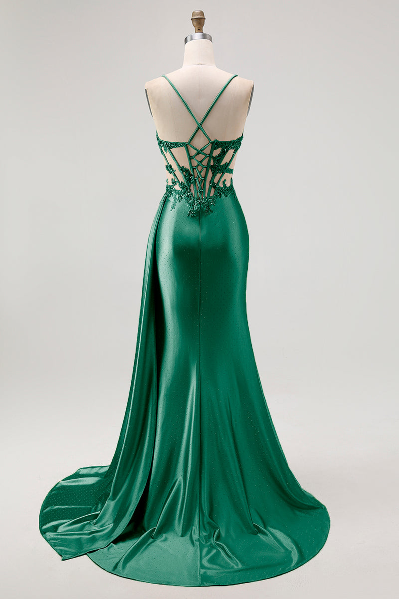 Load image into Gallery viewer, Sparkly Champagne Mermaid Satin Spaghetti Straps Long Prom Dress with Beading