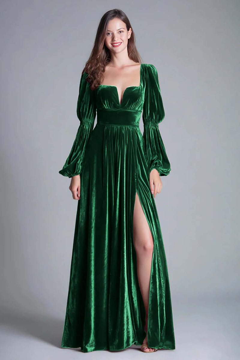 Load image into Gallery viewer, Burgundy A-Line Puff Sleeves Velvet Long Holiday Party Dress with Slit