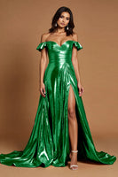Load image into Gallery viewer, Golden A Line Metallic Ruffled Maxi Prom Dress with Slit