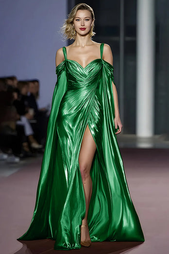 Metallic Golden Cold Shoulder Maxi Gala Dress with Slit