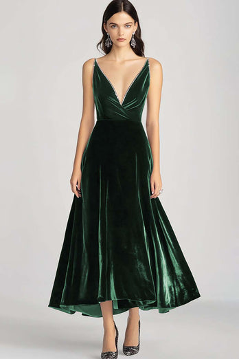 Burgundy Velvet V-Neck A Line Long Formal Dress