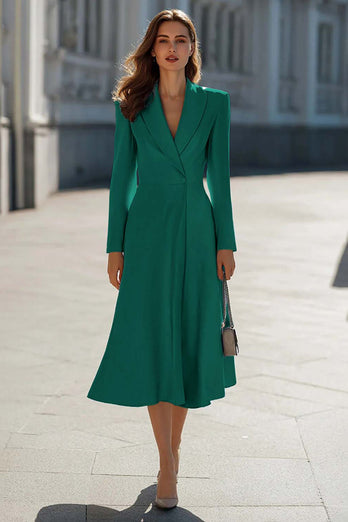 Sky Blue Satin Shawl Lapel A Line Midi Blazer Dress with Sleeves