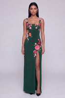 Load image into Gallery viewer, Square Neck Sheath Black Floral Beach Maxi Wedding Guest Dress with Slit