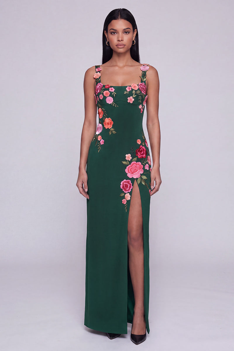 Load image into Gallery viewer, Square Neck Sheath Black Floral Beach Maxi Wedding Guest Dress with Slit
