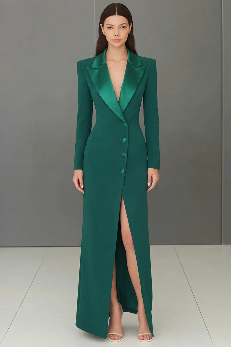 Load image into Gallery viewer, Navy Peak Lapel Velvet Single Breasted Long Blazer Dress with Slit