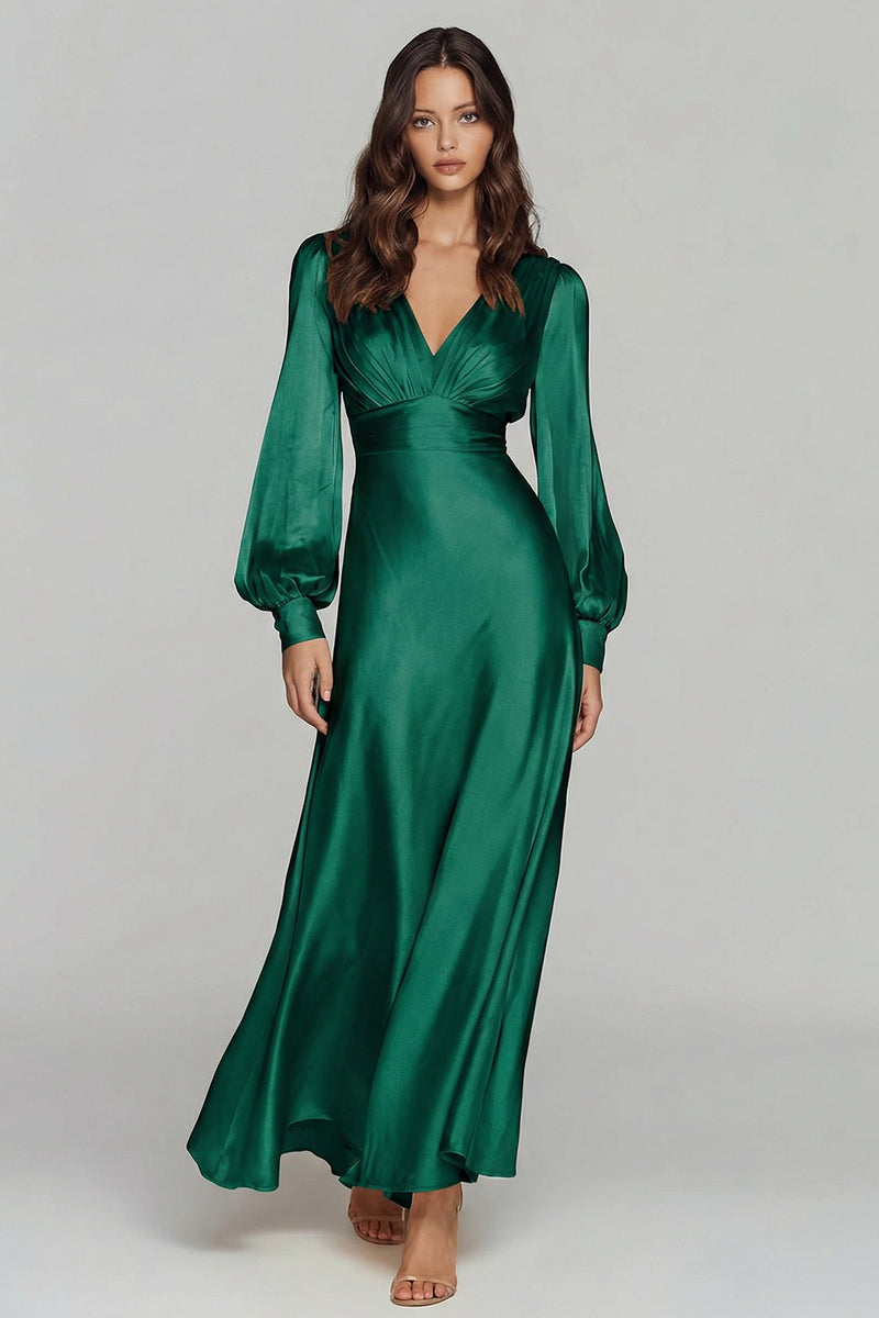 Load image into Gallery viewer, Champagne Satin V-Neck Backless Long Sleeves Evening Dress