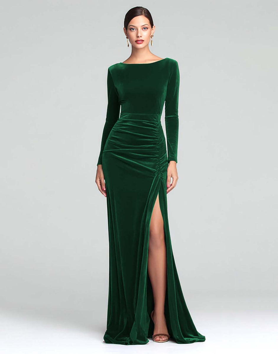 Load image into Gallery viewer, Burgundy Boat Neck Ruched Velvet Long Sleeves Holiday Party Dress