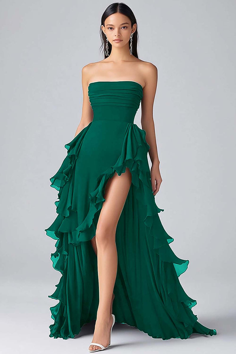 Load image into Gallery viewer, Black Strapless Tiered Long Chiffon Formal Dress with Slit