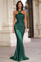 Load image into Gallery viewer, Sparkly Gold Mermaid Long Halter Prom Dress with Sequins