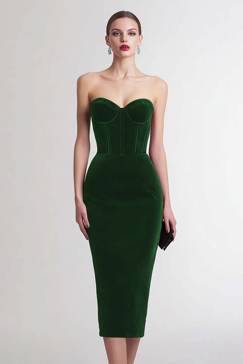 Load image into Gallery viewer, Burgundy Sweetheart Sheath Midi Velvet Corset Holiday Party Dress