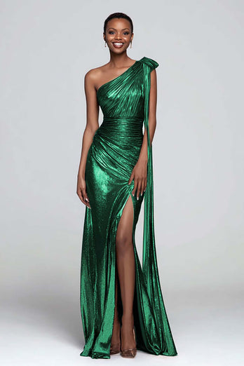 Sparkly Brown Metallic Mermaid One Shoulder Long Formal Dress with Slit