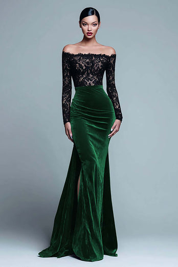 Black and Burgundy Velvet Mermaid Long Sleeves Holiday Party Dress with Lace