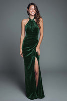 Load image into Gallery viewer, Burgundy Velvet Halter Mermaid Long Holiday Party Dress with Slit