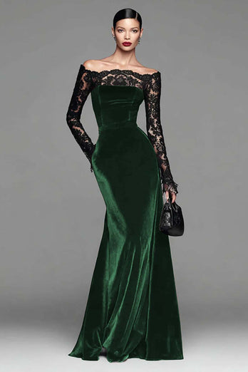 Burgundy Velvet Long Sleeves Mermaid Holiday Party Dress with Lace