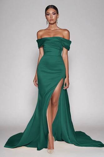 Dark Green Satin Off the Shoulder Sheath Long Prom Dress with Slit