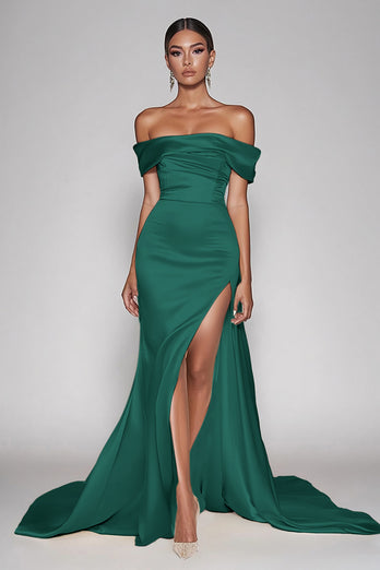 Dark Green Satin Off the Shoulder Sheath Long Prom Dress with Slit