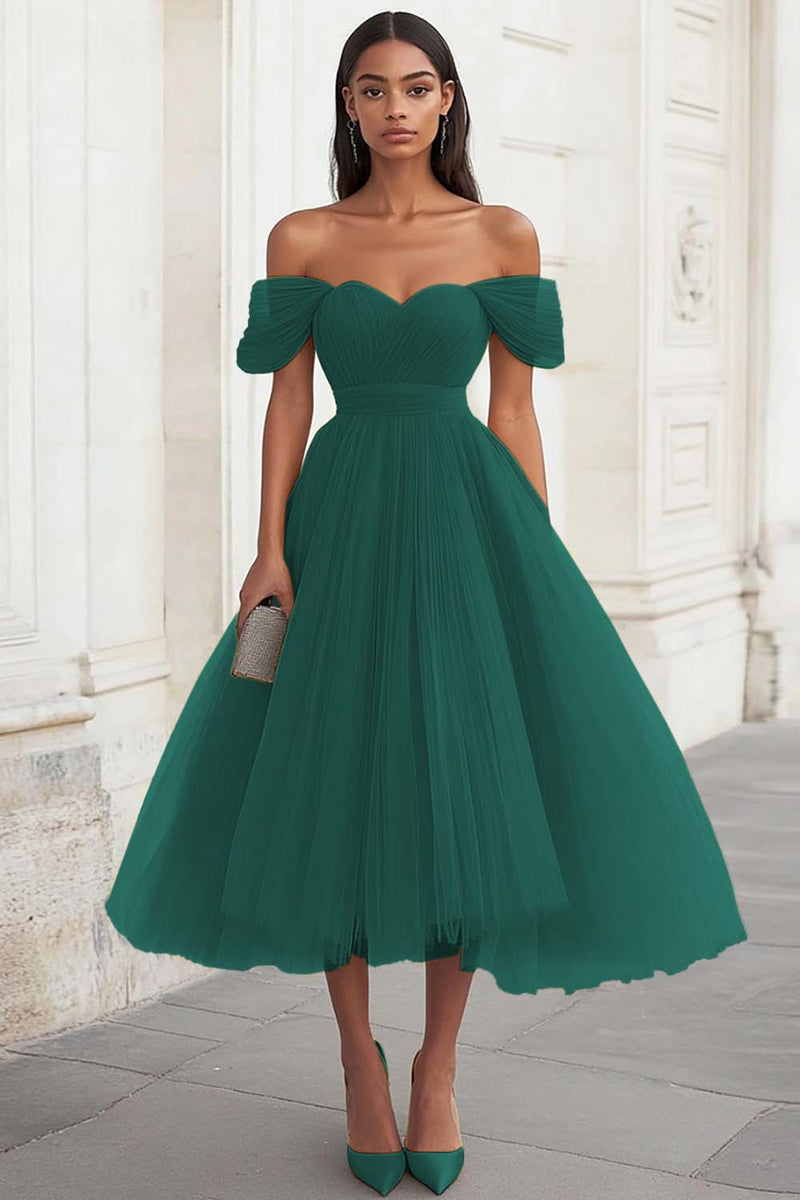 Load image into Gallery viewer, Yellow Tulle Off the Shoulder Midi Formal Dress