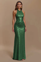 Load image into Gallery viewer, Glitter Burgundy Sheath Halter Ruched Long Holiday Party Dress