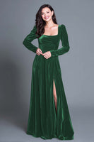 Load image into Gallery viewer, Plum A-Line Long Sleeves Velvet Holiday Party Dress with Slit