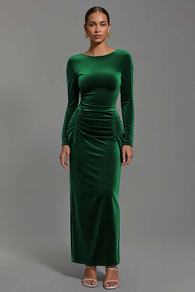 Load image into Gallery viewer, Navy Velvet Sheath Boat Neck Long Holiday Party Dress with Sleeves