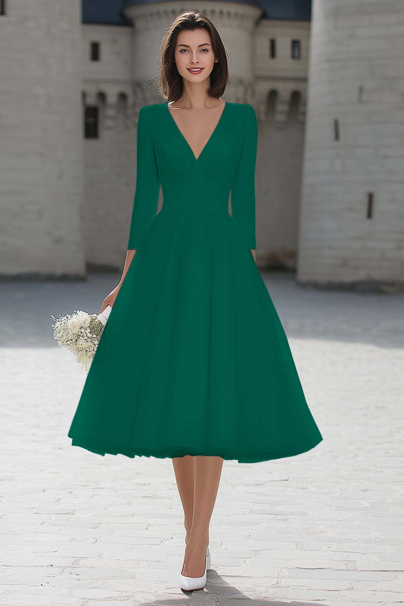 Load image into Gallery viewer, Ivory A Line V-Neck Midi Wedding Dress with Sleeves