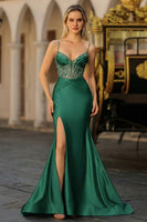 Load image into Gallery viewer, Plus Size Sparkly Dusty Blue Satin Beaded Long Corset Prom Dress with Slit